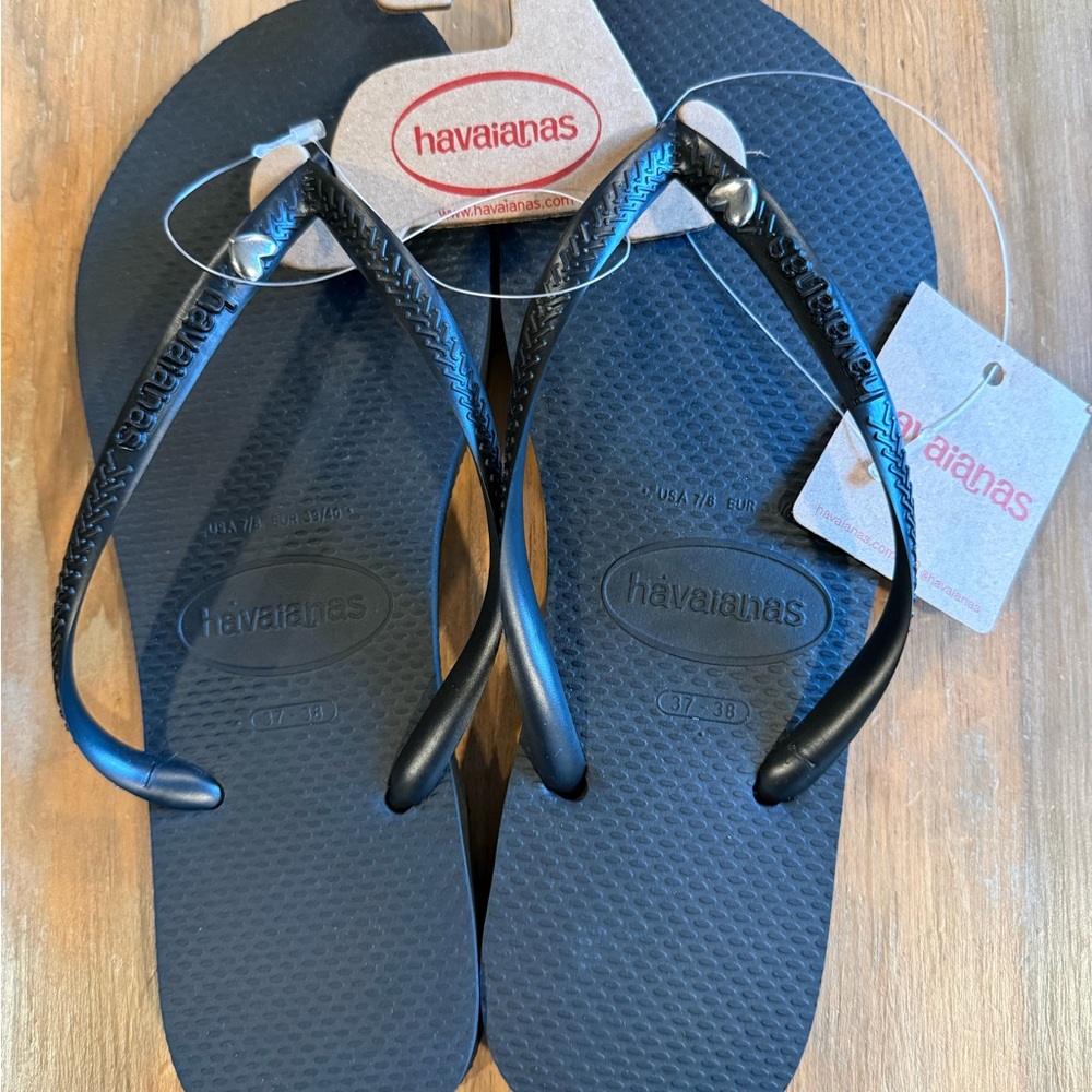 Havaianas Classic Black Sandals Silver Heart
